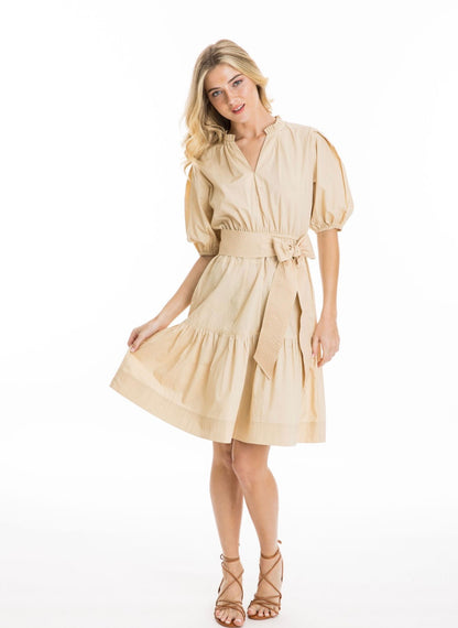 Sand Ruffle Neck Dress with Reversible Sash